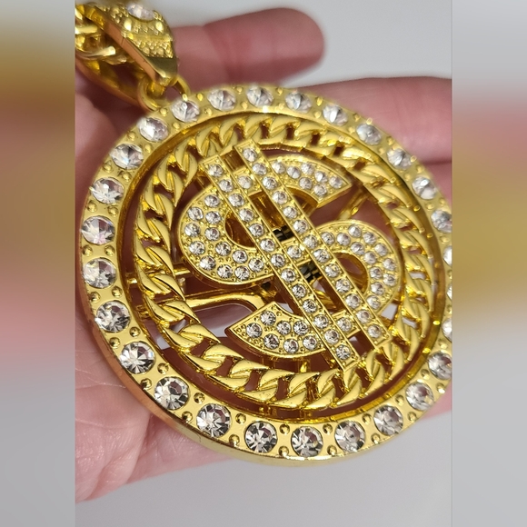 Bling iced out gold plated dollar money spinning necklace chain Halloween costum - Picture 12 of 12